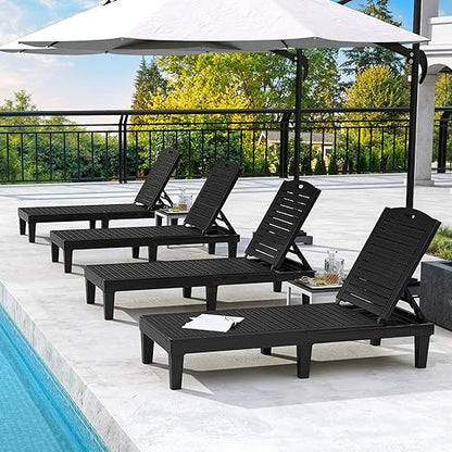 DWVO Outdoor Plastic Chaise Lounger, Poolside Lounge Chair w/5-Position Adjustable Backrest, Waterproof & Easy Setup for Patio, Poolside, Garden (Black, 2 PCS)