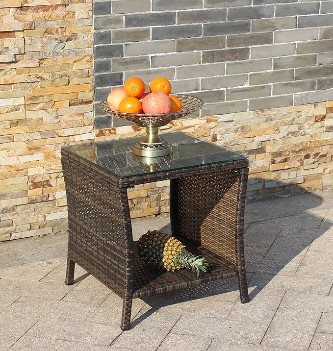 Rattan Wicker Side Table Glass Coffee Table for Outdoor Backyard Lawn Balcony Pool Square Tempered Glass Top Wicker Rattan End Table Furniture with Storage (Brown2)