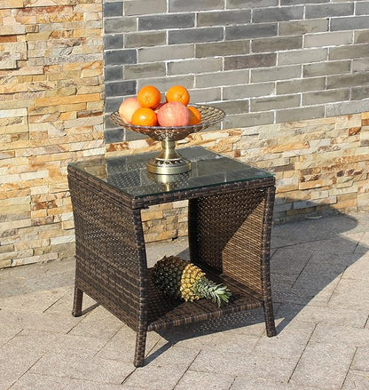 Rattan Wicker Side Table Glass Coffee Table for Outdoor Backyard Lawn Balcony Pool Square Tempered Glass Top Wicker Rattan End Table Furniture with Storage (Brown2)