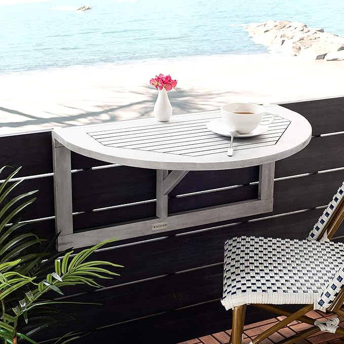SAFAVIEH Outdoor Patio Furniture Collection – Owens Grey Wash Balcony Hanging Half Table, Eucalyptus Wood Outdoor Accent Table, Space-Saving Design (PAT7045B)
