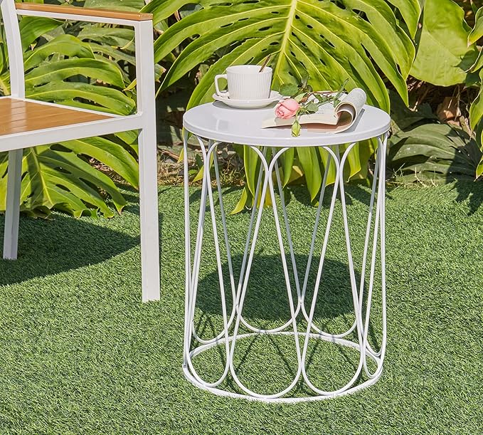 HFHOME Set of 3 Metal Outdoor Side Table, Nesting Round Coffee Table for Indoor Outdoor, Heavy Duty End Tables Plant Stand Living Room Garden Stool - White