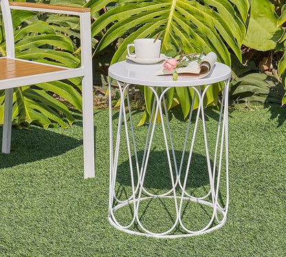 HFHOME Set of 3 Metal Outdoor Side Table, Nesting Round Coffee Table for Indoor Outdoor, Heavy Duty End Tables Plant Stand Living Room Garden Stool - White