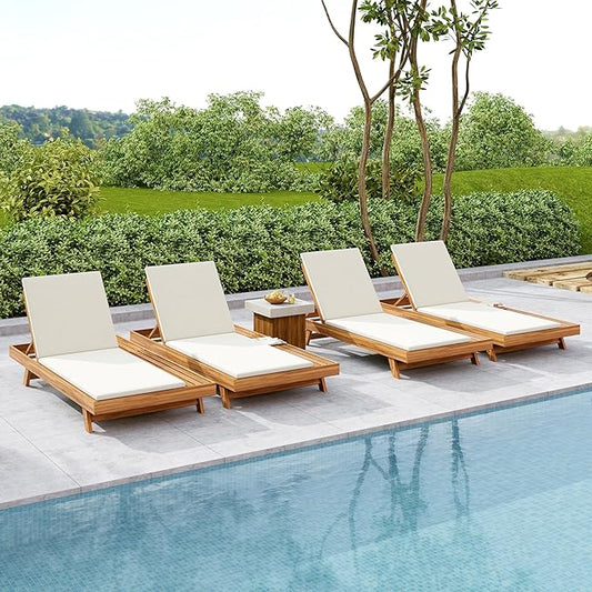 Merax Acacia Wood Chaise Lounge Chair Outdoor Set of 4, Patio Recliner with 4 Position Adjustable Backrest and 1.57" Thick Double-fold Cushion