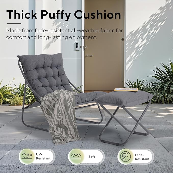 Patio Lounge Chair with Ottoman, Indoor Outdoor Comfy Sling Recliner Chair with Cushion, Modern Oversized Padded Lounge Chair Set with Footstool for Balcony Porch Garden, Dark Gray