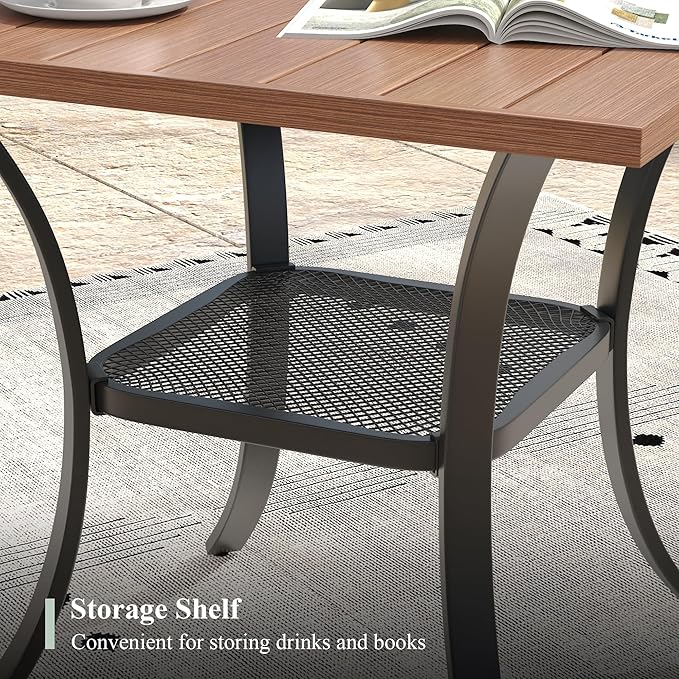 Outdoor Dining Table with Storage Shelf, 27.5" All-Weather Square Patio Dining Table for 2, Metal Patio Table for Garden Lawn Porch Deck Yard, Walnut