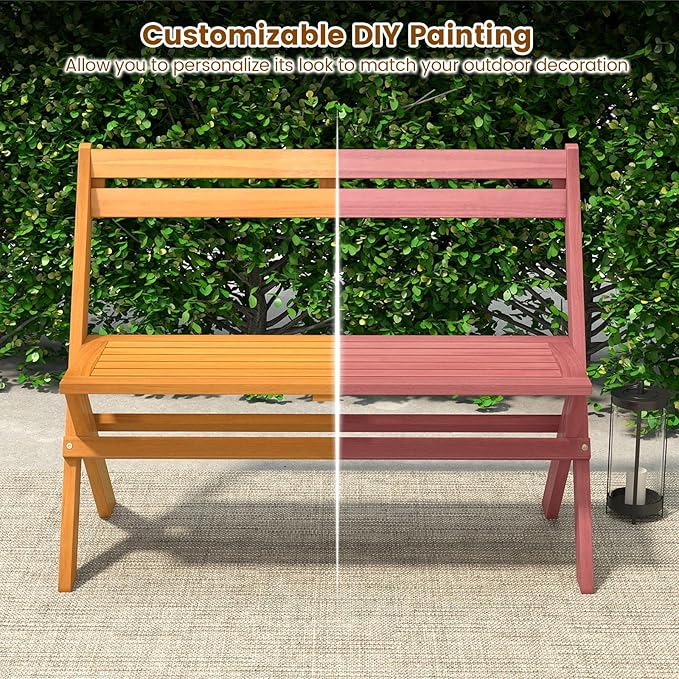 Tangkula Foldable Acacia Wood Outdoor Bench, 2-Person Patio Garden Bench with 800 lbs Capacity, Outside Loveseat Seating for Porch, Balcony, Yard & Park