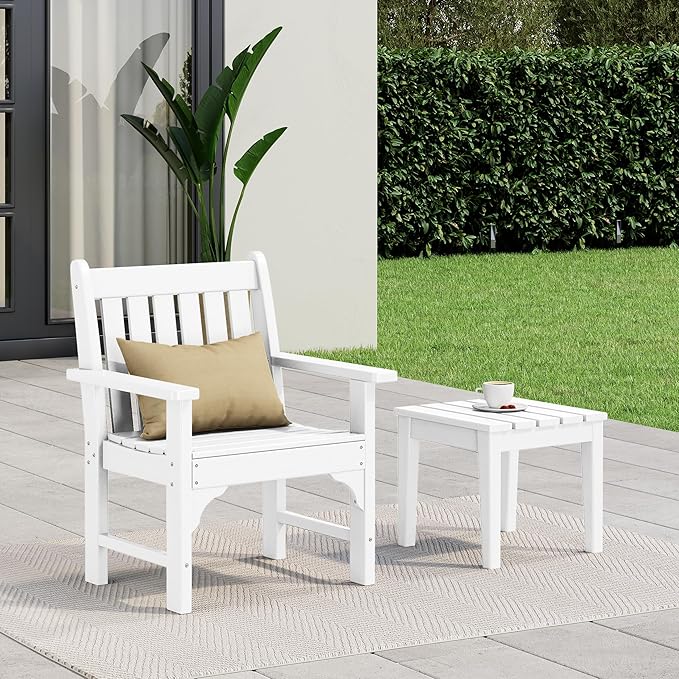 Costaelm Outdoor Patio Table and Chairs Set of 2, 2-Piece HDPE Garden Chair with Square Adirondack Side Table Set, Porch Chairs Coffee Table for Outside Porch Backyard, White