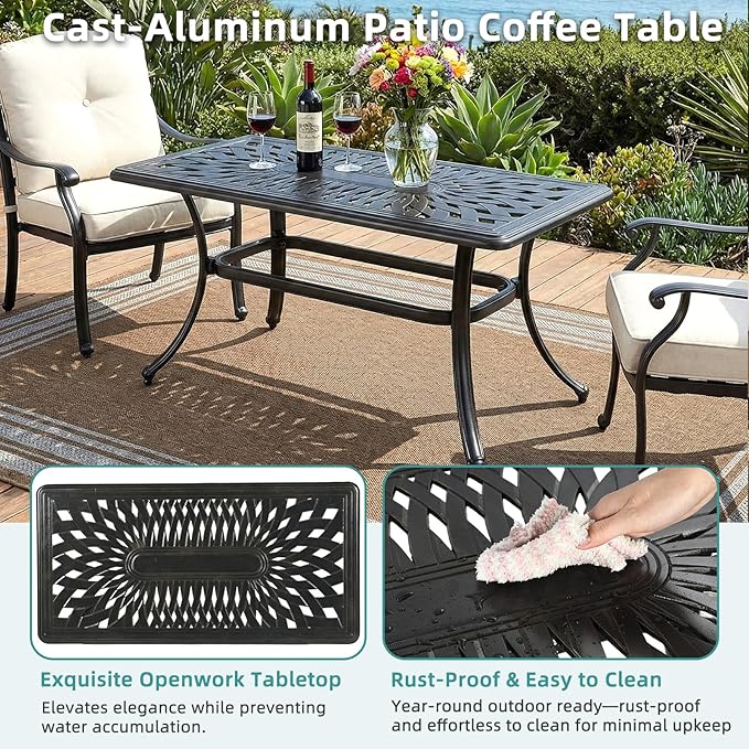 MEETWARM Outdoor Coffee Table, All-Weather Cast Aluminum 42" Rectangle Patio Coffee Table, 220 LBS Heavy Duty Patio Side Table for Balcony Poolside Deck Garden & Indoor Use, Dark Bronze