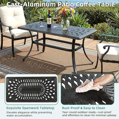 MEETWARM Outdoor Coffee Table, All-Weather Cast Aluminum 42" Rectangle Patio Coffee Table, 220 LBS Heavy Duty Patio Side Table for Balcony Poolside Deck Garden & Indoor Use, Dark Bronze