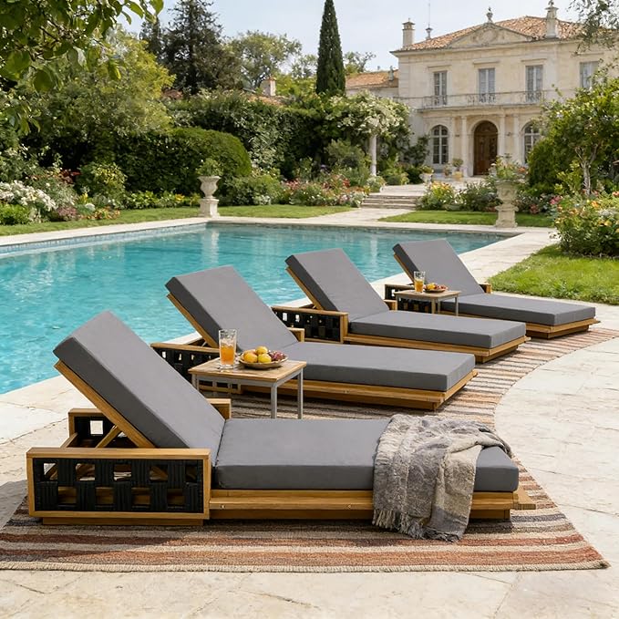 Merax Outdoor Chaise Lounge Set of 2, Acacia Wood Patio Reclining Chairs with 4-Position Adjustable Backrest - Photo 9