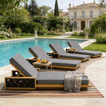 Merax Outdoor Chaise Lounge Set of 2, Acacia Wood Patio Reclining Chairs with 4-Position Adjustable Backrest, 2-Piece Sunbathing Recliner & 4" Thick Double-fold Cushion for Poolside, Garden, Dark Gray