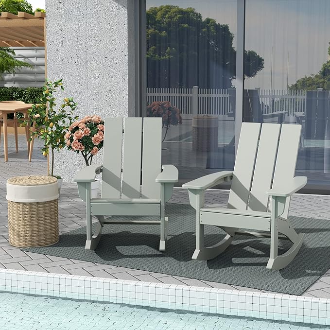 WestinTrends Ashore Patio Rocking Chairs Set of 2, All Weather Poly Lumber Plank Adirondack Rocker Chair, Modern Farmhouse Outdoor Rocking Chairs for Porch Garden Backyard and Indoor, Sand