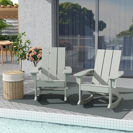 WestinTrends Ashore Patio Rocking Chairs Set of 2, All Weather Poly Lumber Plank Adirondack Rocker Chair, Modern Farmhouse Outdoor Rocking Chairs for Porch Garden Backyard and Indoor, Sand