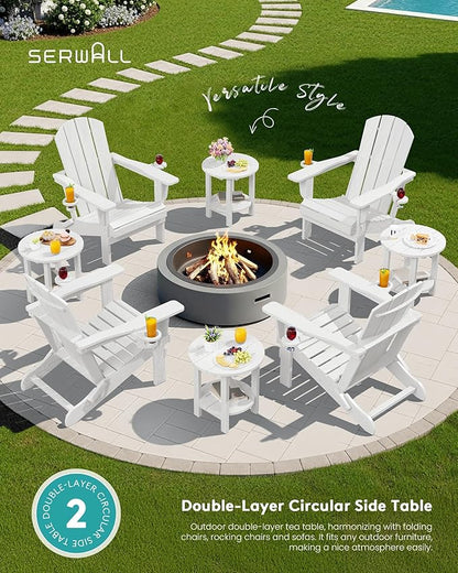 SERWALL Round Outdoor Side Table, HDPE Small Adirondack End Table,2-Tier Patio Side Table for Backyard Pool Porch Garden Lawn, White