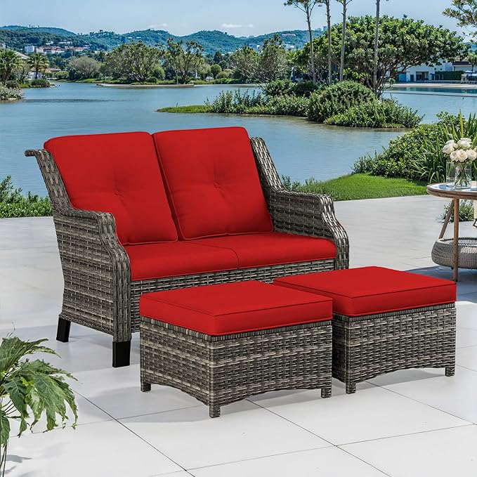3 Piece Patio Furniture Set, 2-Seater Loveseat and 2 Ottomans PE Wicker Footstool, Outdoors Rattan Conversation Set with Deep Seating and Olefin Cushions, for Backyard, Garden, Red