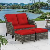 3 Piece Patio Furniture Set, 2-Seater Loveseat and 2 Ottomans PE Wicker Footstool - Photo 1