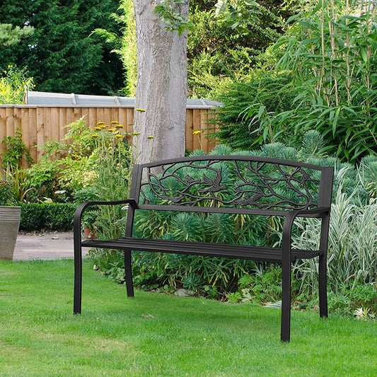 Topeakmart Garden Bench Outdoor Patio Bench for Outdoors Metal Porch Cast Iron Steel Outdoor Bench with Backrest and Armrests, Black