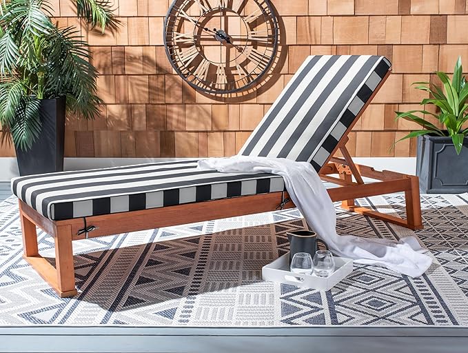 SAFAVIEH Outdoor Collection Solano Natural Brown Solid Wood/Navy Blue & White Stripe Cushion Patio Adjustable Chaise Lounge Chair (PAT7024H)