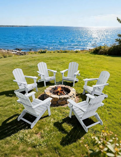 Folding Adirondack Chair Set of 6, Wooden Textured Plastic Adirondack Chairs with 2 Cup Holder, Weather Resistant HDPE Fire Pit Chair, Outdoor Patio Chairs for Garden, Backyard, Lawn, Deck, White