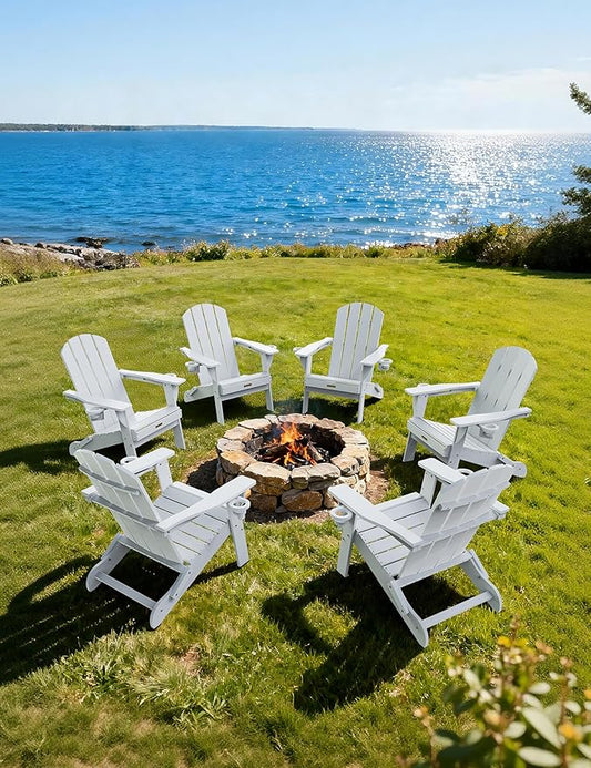Folding Adirondack Chair Set of 6, Wooden Textured Plastic Adirondack Chairs with 2 Cup Holder, Weather Resistant HDPE Fire Pit Chair, Outdoor Patio Chairs for Garden, Backyard, Lawn, Deck, White
