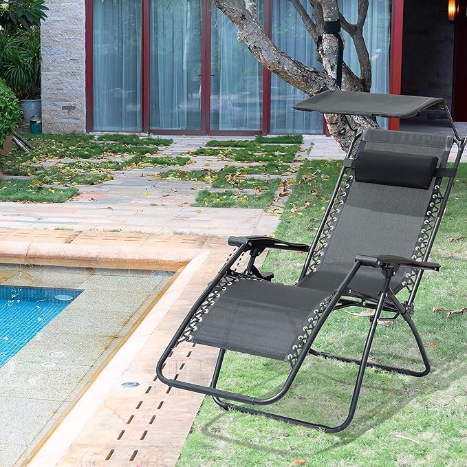 Devoko Patio Zero Gravity Chair Outdoor Recliner Lounge Chair with W/Folding Canopy Shade and Cup Holder (Black)