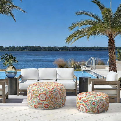 LVTXIII Indoor/Outdoor Inflatable Ottoman with Handle D21 x H9 Inch, Weather-Resistant Round Footstool Pouf for Patio Camping Living Room, Portable Footrest Extra Seating, Flower Multi