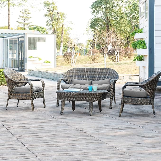QILLOWAY Outdoor Patio Wicker Seat Cushions Group Loveseat/Two U-Shape/Two Lumbar Pillows for Patio Furniture - Photo 5