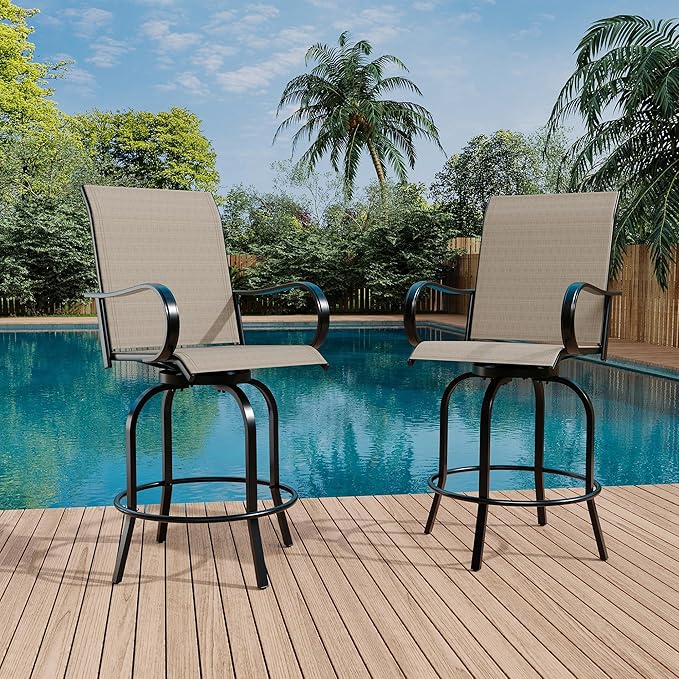 Swivel Bar Stools 2-Piece Set, Outdoor Patio Bar Height Chairs with Rust-Resistant Metal Frame & All-Weather Textile, Taupe High Top Stools for Garden, Balcony, Backyard(Brown)