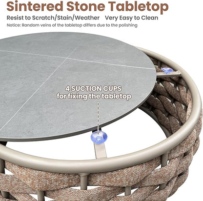 Short Round Patio Coffee Table: Hand Woven Rope Side Tables Assembled - Aluminum Outdoor Accent Table Modern - Metal Porch Furniture for 176lbs Deck Garden Balcony Hotel φ25.6''/65cm, Terracotta