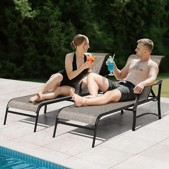 NUU GARDEN Textilene Metal Outdoor Lounge Chairs Set of 2, Adjustable 5-Position Recliner, All-Weather Patio Chaise for Pool, Backyard, Lawn, Beach, Sunbathing–Black Brown