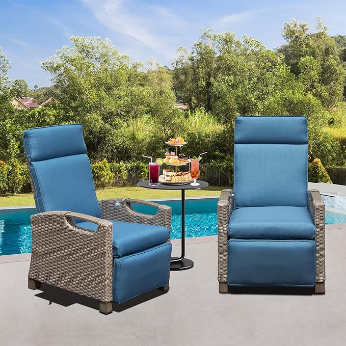 Domi Outdoor Recliner Chair, Patio Recliner with Hand-Woven Wicker, Flip Table Push Back, Adjustable Angle, Thickness Cushions, Reclining Lounge Chair for Indoor & Outdoor, Navy Blue