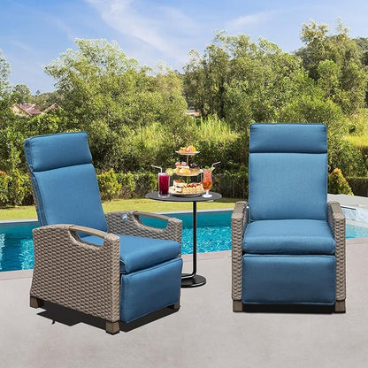 Domi Outdoor Recliner Chair, Patio Recliner with Hand-Woven Wicker, Flip Table Push Back, Adjustable Angle, Thickness Cushions, Reclining Lounge Chair for Indoor & Outdoor, Navy Blue