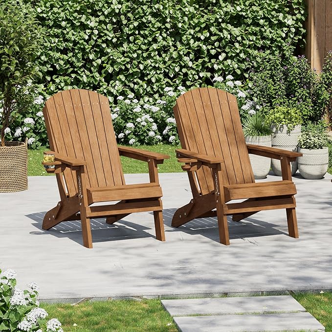 HDPE Foldable Adirondack Outdoor Chair Set of 2 with Cup Holder, Weather Resistant Heavy-Duty Patio Chair for Patio, Backyard, Deck, Fire Pit, Lawn and Porch, Teak