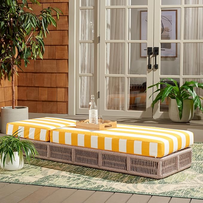 SAFAVIEH Outdoor Collection Gillian Heather Tan & Yellow Stripe Chaise Lounge Chair (Fully Assembled) - Photo 10