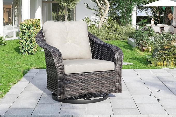 Wicker Swivel Rocking Chairs - Outdoor Brown Wicker Swivel Glider Chair Outdoor Rocking Chair with Water-Resistant Cushions, Beige