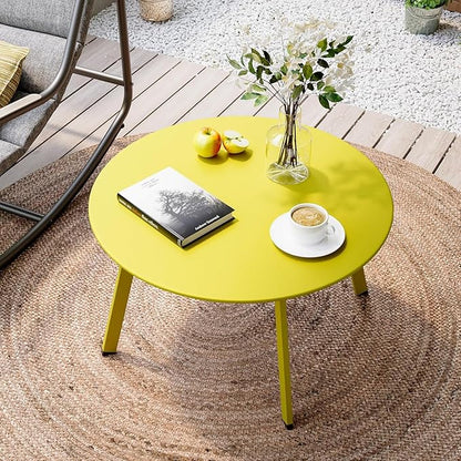 LAUSAINT HOME Outdoor Round Coffee Table, 27.6 Inch Heavy-Duty Metal Patio Table, Weather-Resistant with Square Base for Deck, Porch, Garden, Balcony, Yellow
