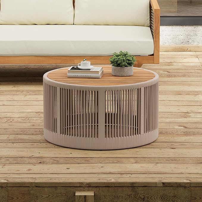 26" Outdoor Rustic Coffee Table,Rattan Rope & Acacia Wood Center Table with Round Top & Iron Frame, Easy Assembly, Versatile Weather-Resistant Patio Furniture for Garden, Yard, Balcony, Beige Teak