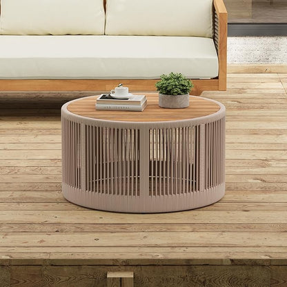 26" Outdoor Rustic Coffee Table,Rattan Rope & Acacia Wood Center Table with Round Top & Iron Frame, Easy Assembly, Versatile Weather-Resistant Patio Furniture for Garden, Yard, Balcony, Beige Teak