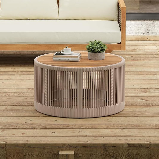 Christopher Knight Home Aueket Rustic Acacia Wood Coffee Table, 26" Round Farmhouse Outdoor Patio Center Table, Boho Home Decor, Iron Frame Rope Design, 220lbs Capacity, Easy Assembly, Teak+ Beige