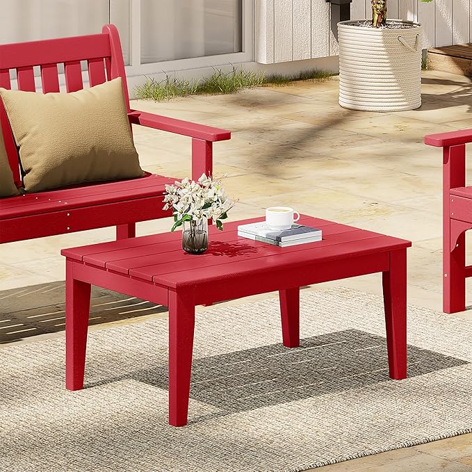 Costaelm Adirondack Outdoor Coffee Table, HDPE Drink Table Weather Resistant, Patio Porch Accent Balcony Table Outdoor End Table for Pool, Seaside, Backyard, Red