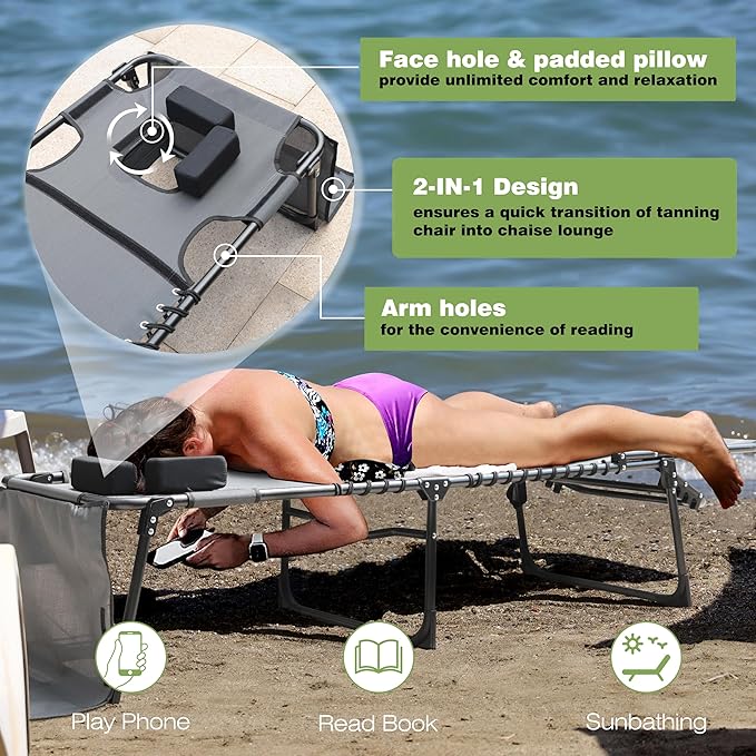 BlueWish 2 Pack Beach Chairs, Sunbath Outdoor Lounge Chair Folding Beach Chair with Adjustable Backrest - Photo 8