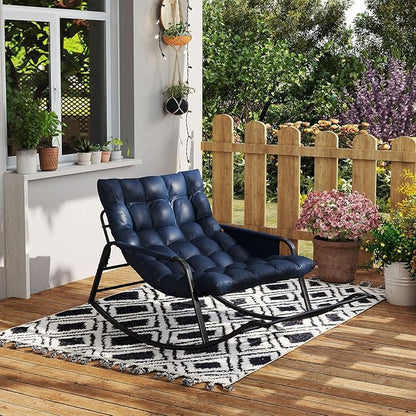 Oversized Outdoor Rocking Chair, Papasan Chair with Comfy Padded Cushions & Side Pocket, for Patio Garden, Porch, Lounge, Indoor, Navy