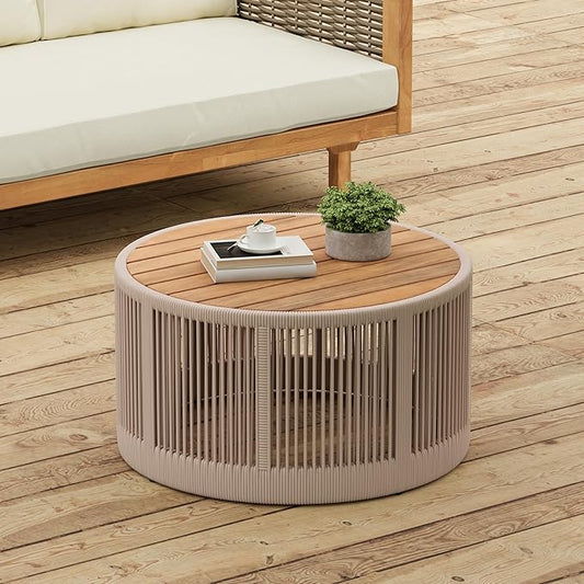 Round Rattan Coffee Table, Wood Outdoor Coffee Table, Rustic Patio Table Weather-Resistant Outdoor Furniture, for Garden, Balcony, Porch, Beige