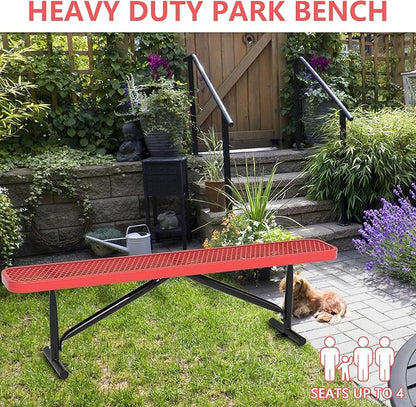 Outdoor Garden Benches, 6 ft Steel Picnic Bench Porch Chair Furniture Patio Seating, Commercial Expanded Metal Mesh Bench for Outside, Lawn, Backyard, Park, Deck, Garden, Patio, School (Red, 6FT)