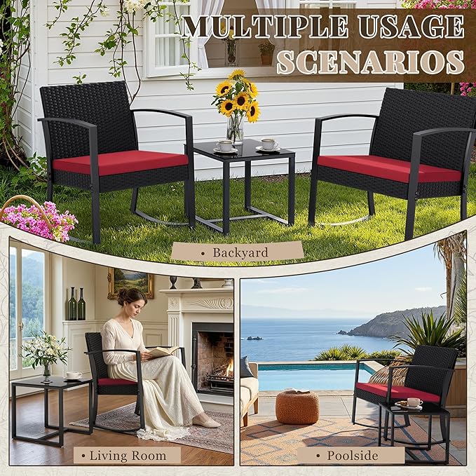 Homall Patio Furniture Set 3 Piece Resin Outdoor Bistro Set Rocking Patio Chairs with Cushions and Table for Porch, Poolside, Balcony and Yard (Red)