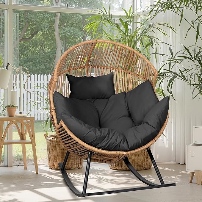 JAMFLY Wicker Egg Chair - Rattan Rocking Chairs with Cushion, Indoor-Outdoor Lounge Egg Basket Seat for Living Room - Photo 1