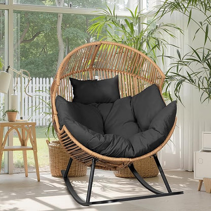 JAMFLY Wicker Egg Chair - Rattan Rocking Chairs with Cushion, Indoor-Outdoor Lounge Egg Basket Seat for Living Room, Bedroom, Patio, Backyard, Balcony (Grey/Beige)