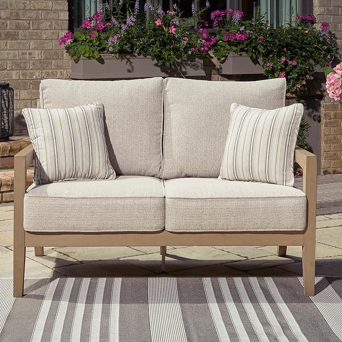 Signature Design by Ashley Hallow Creek Cottage Nuvella Weather Resistant Fabric Outdoor Loveseat with Cushion and 2 Throw Pillows, Light Brown & Beige