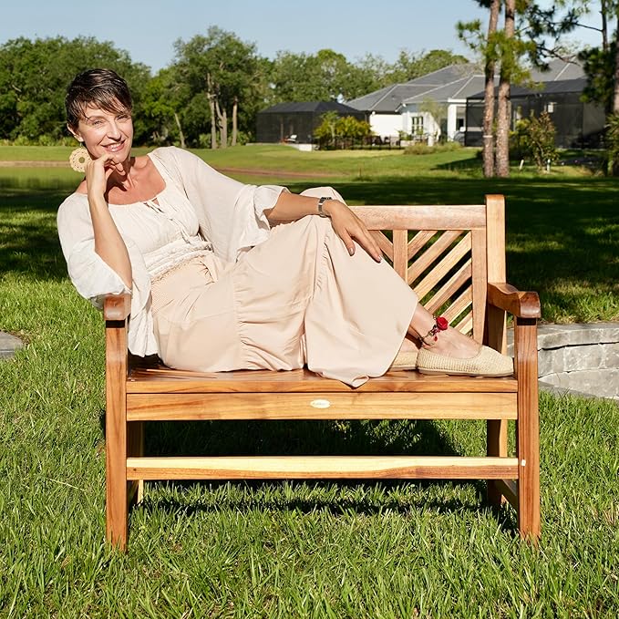 EcoDecors Eleganto 41 inch Outdoor Bench Teak Wood Garden Bench for Patio with Armrests and Backrest for Indoor Use and Outdoor, in Natural Color