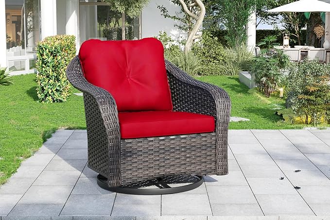 Outdoor Brown Wicker Swivel Rocking Chair - Red, 1PC, Alloy Steel Frame, 300 lbs Weight Capacity, Includes Water-Resistant Cushions